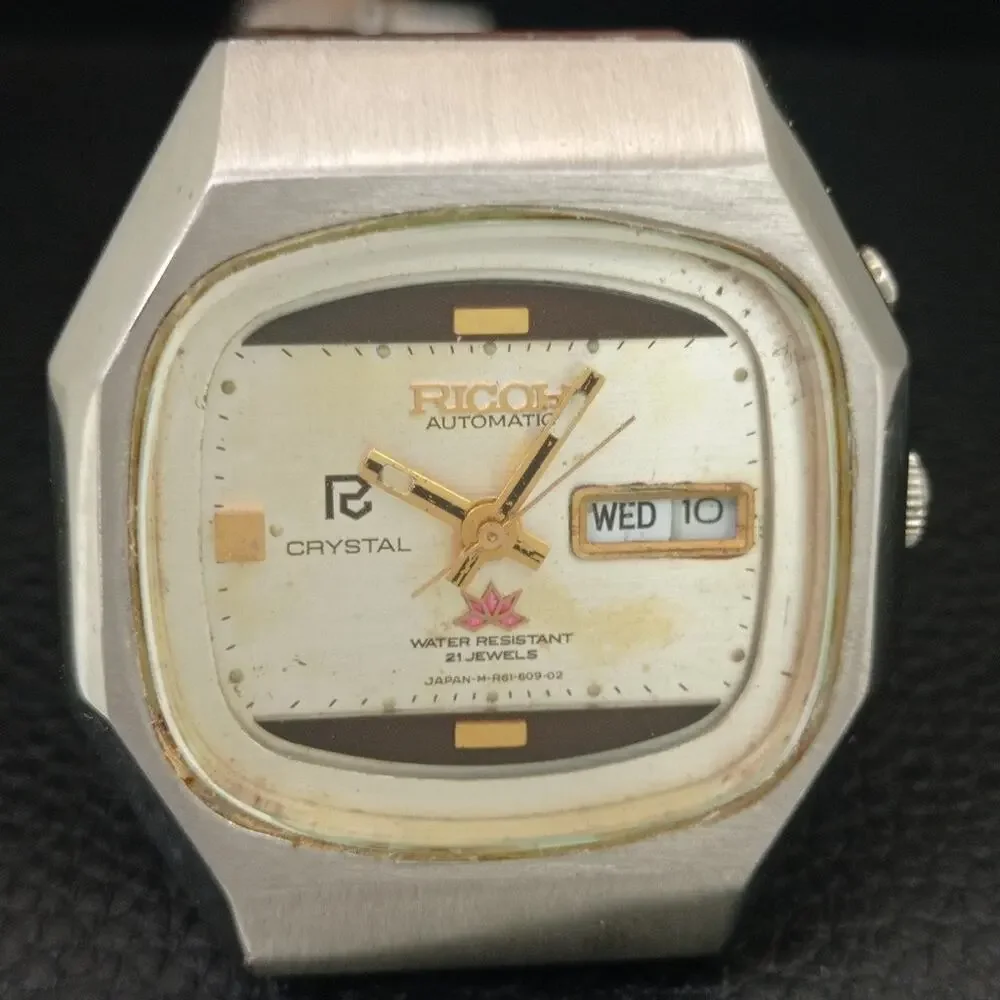 Vintage 1971 Ricoh Automatic Mens Silver Watch W/daydate & Gold accents
